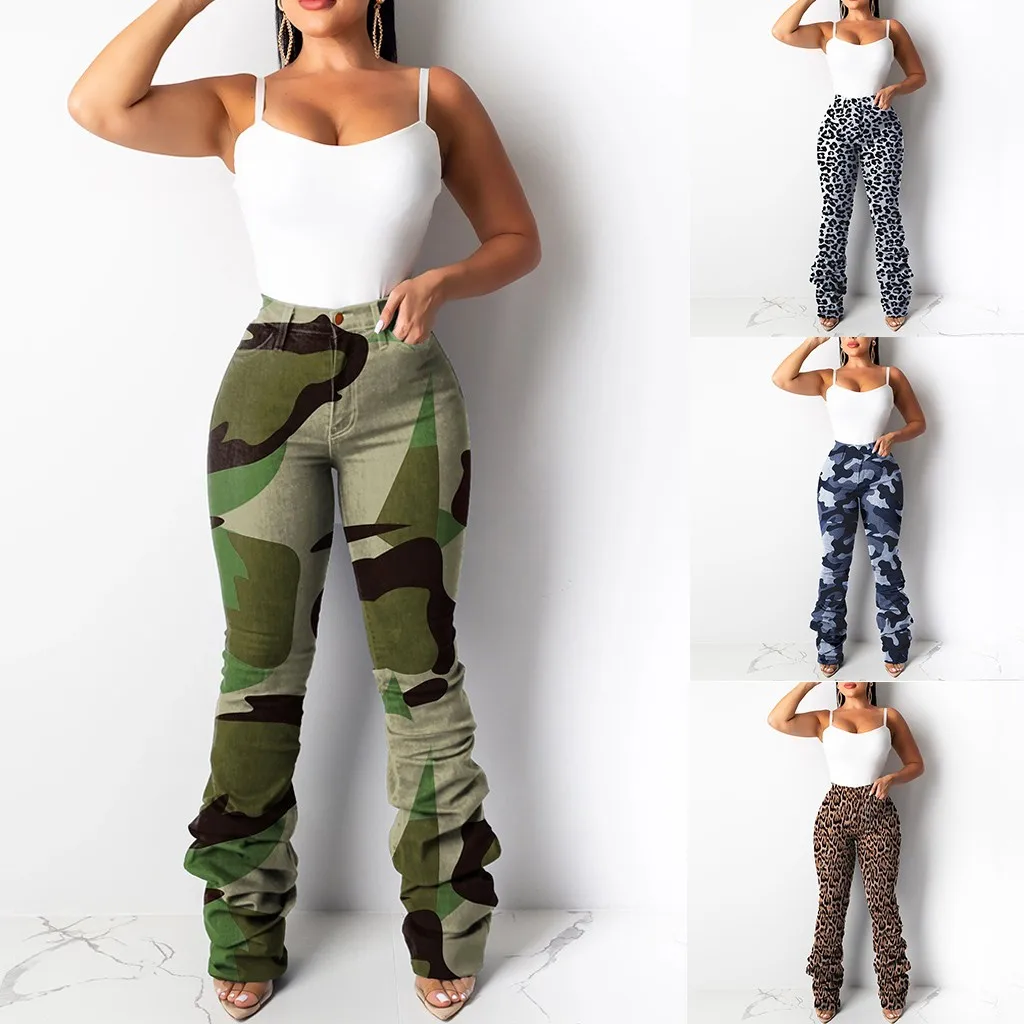 Женские джинсы бойфренды со складками камуфляжные с леопардовым принтом уличная