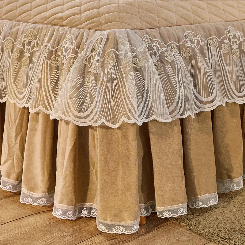

Elegant Lace Velvet Bed Skirt Elastic Ruffle Queen King Full Size Bedspread Purple Yellow Double Quilted Bed Cover Fitted Sheets