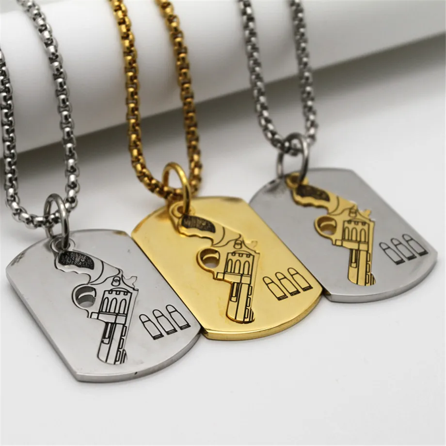 

Cool Revolver Gun and Bullet Pendant Men Gold Color Stainless Steel Dog Tag Pendant Necklace Man Punk Hiphop Rock Jewelry
