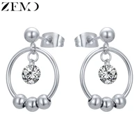 zemo stainless steel round zircon drop earrings for women three balls crystal dangle earrings female ear piercing hanging jewelry