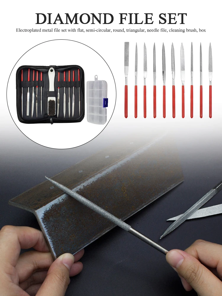 

Electroplated Metal File Tools Set Flat Semi-circular Round Triangular Needle File Cleaning Brush Box Cleaning File Knife Tools