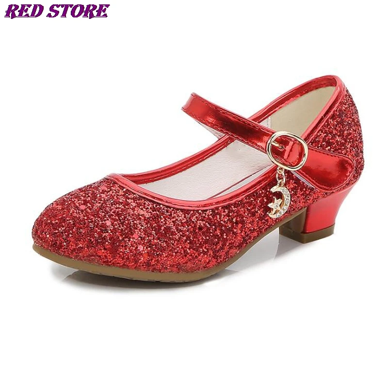 

Spring Girls High Heels Children Leather Shoes Girls Wedding Princess Leather Shoes Red Sequins Student Dance Shoes Girl Sandals