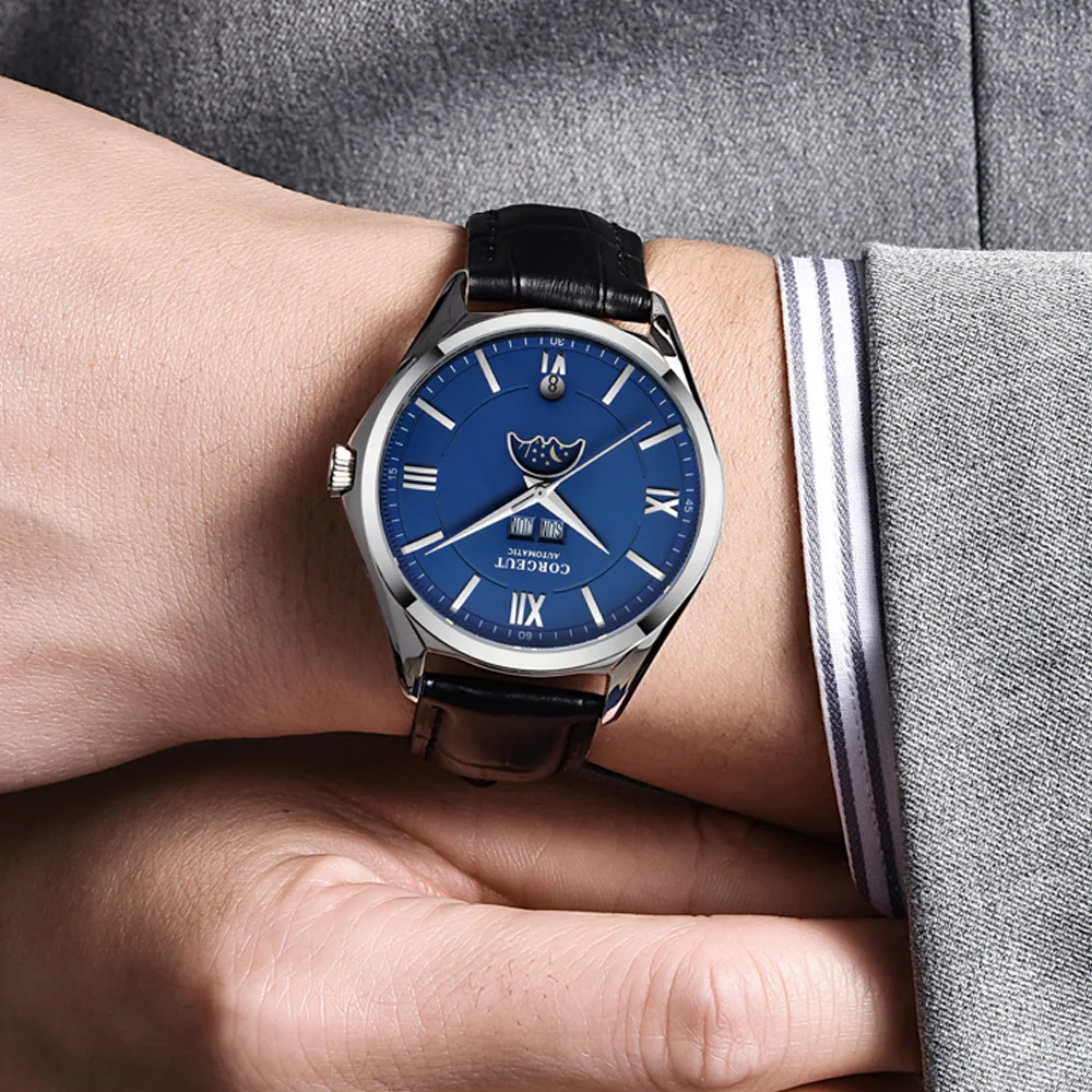 

Moon Phase watch mens Corgeut 41mm watch fashtion white dial automatic mechanical wristwatches 316L steel Rose gold case watch 3