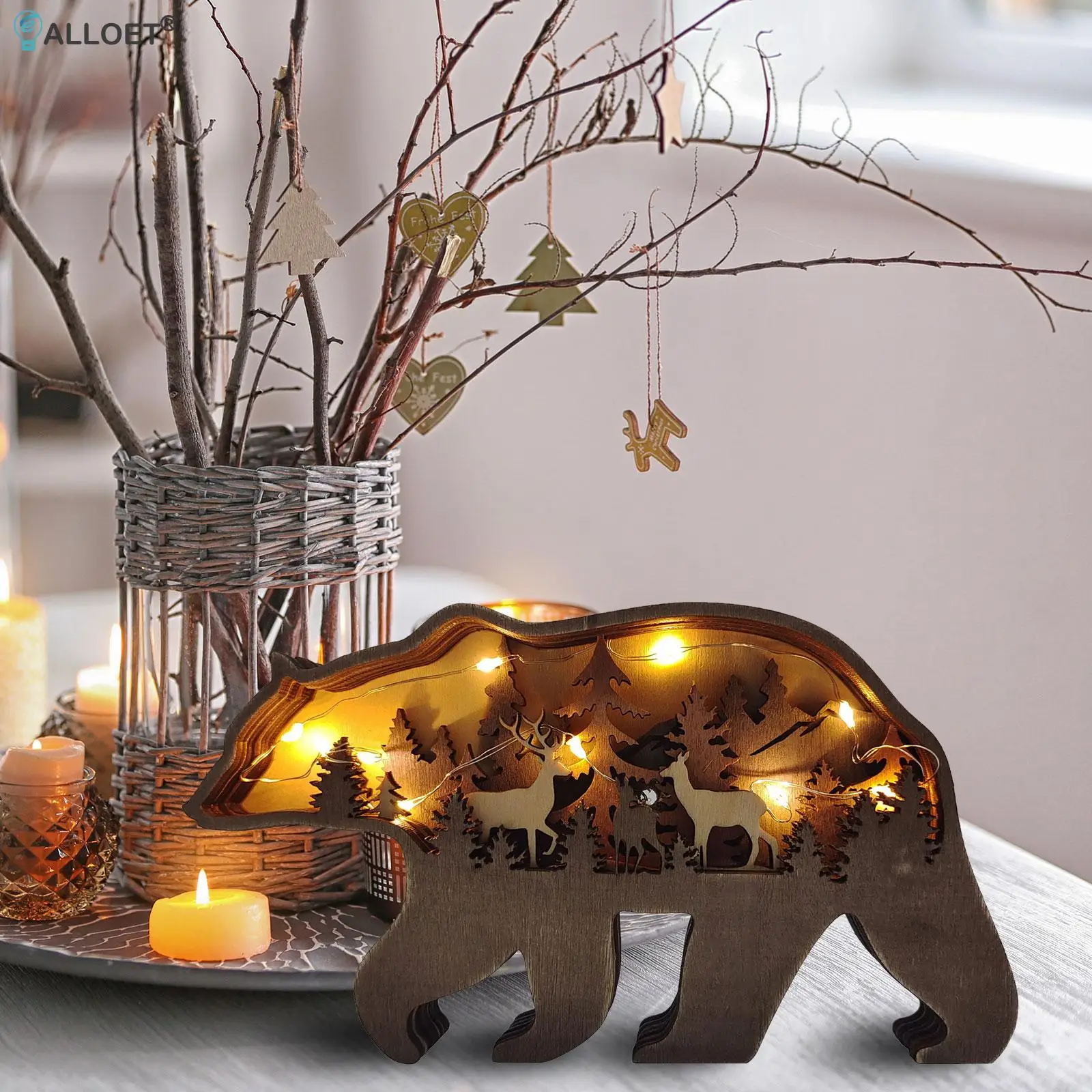 

Carved Wooden Ornaments Hollow Wolf Bear Deer Statues with Light Carving Handcraft Christmas Decoration Home Desktop Ornaments
