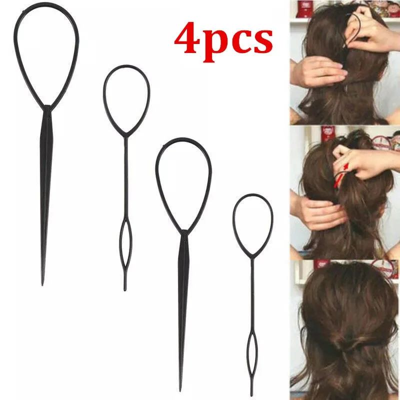

4pcs Black Topsy Tail Hair Braid Ponytail Maker Hair Styling Tools Ponytail Creator Plastic Loop Hair Accessories Fashion Salon