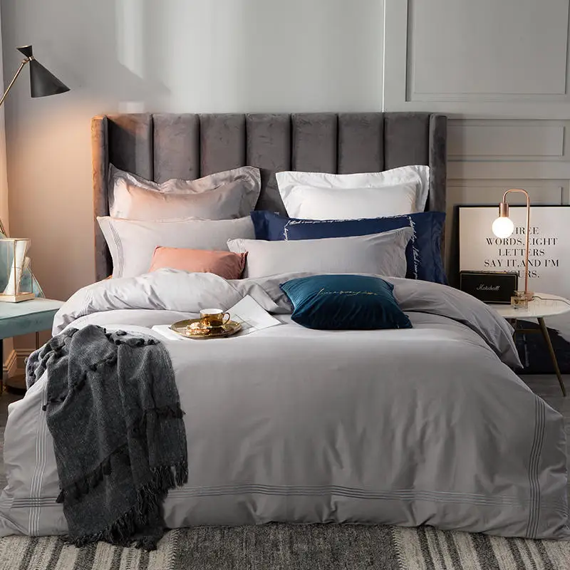 

Gray White Embroidery Duvet/Quilt Cover 4Pcs Queen King size Fitted sheet Bedding Set Soft Hotel Bed sheet Bed set ropa de cama