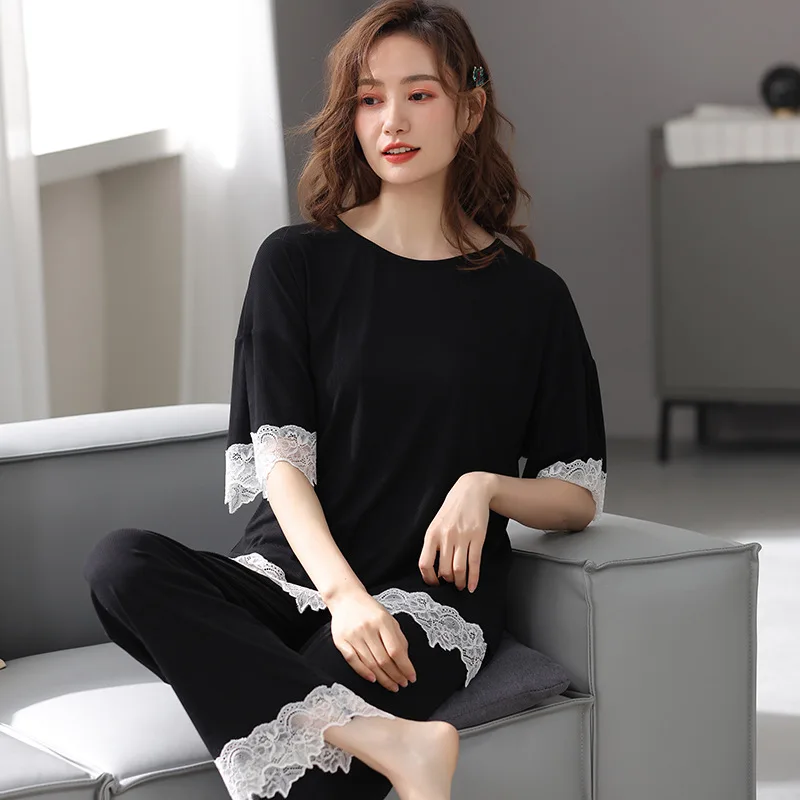 

Two Pieces 2021 New Summer Pajamas Sets Women's Exquisite Lace Cuffs Home Wear Skin-friendly And Comfortable Nordic Style