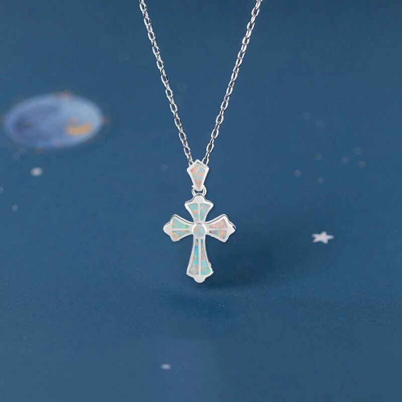 ROLILASON women cross design White Fire Opal Silver Stamped charm Pendant Health Fashion jewelry OPs699 | Украшения и аксессуары