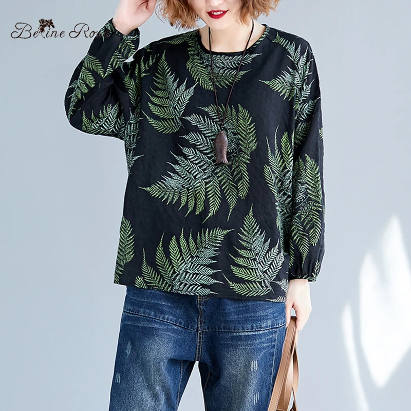 

BelineRosa Hawaii Holiday Beach Style Printing Cotton Linen Tops Female Women's Tee Shirts BSDM0416