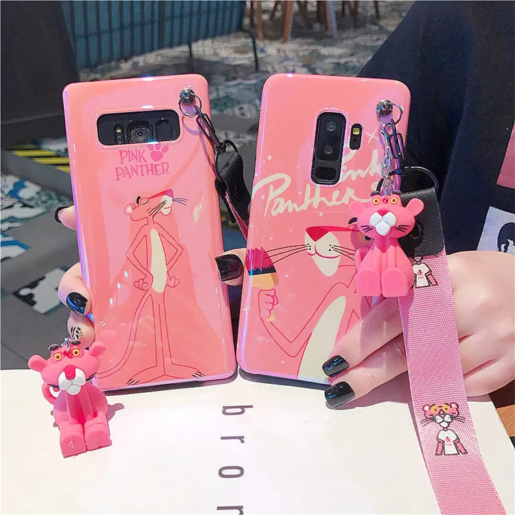 Чехол Sam S10 plus с милой розовой пантерой, мягкий чехол для Samsung Galaxy S8 S9 note8 note9+ игрушка+ ремни