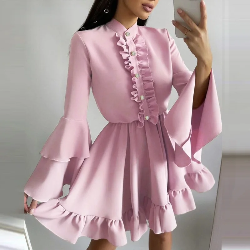 

Pink Princess Dresses Women Solid Round Neck button Ruffle Hem Long Flared Sleeves Mini dress