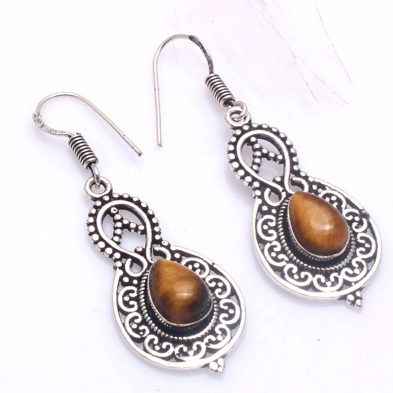 

Genuine Tiger Eye Earrings Silver Overlay over Copper , Hand made Women Jewelry Gift, 50 mm, E6436