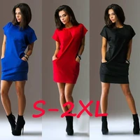 newest european and american ladies pocket solid color casual dress