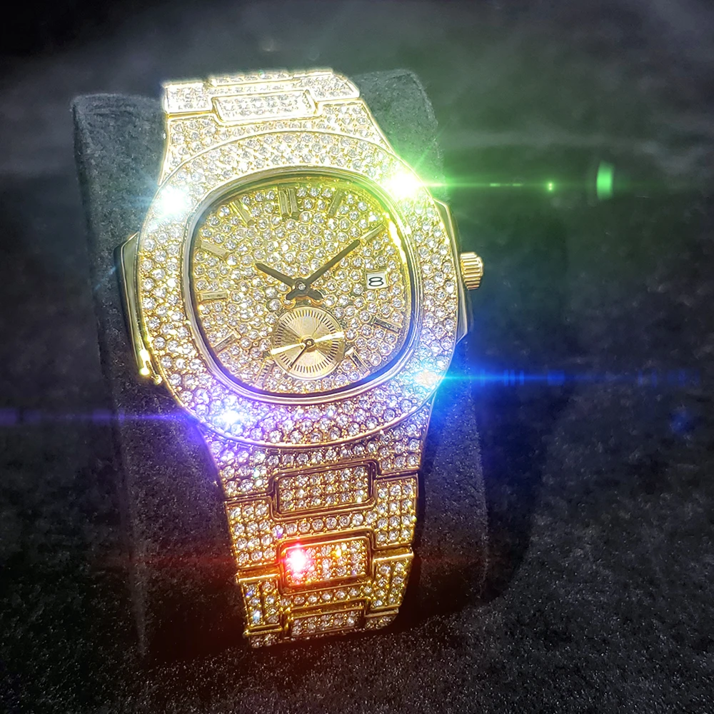 

MISSFOX 18k Gold Man's Watches Full Diamond Timer Auto Date Men's Quartz Watch Luxury Stainless Steel Waterproof Wristwatch Man