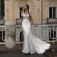 uzn sweetheart ivory lace appliques two pieces mermaid satin wedding dress elegant off the shoulder short sleeves bridal gown