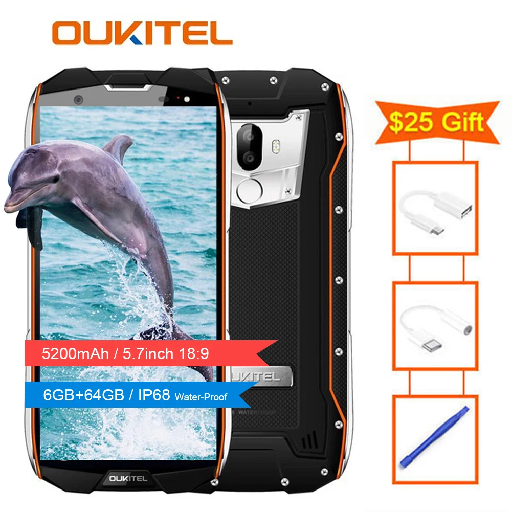 Oukitel Wp5000 Ip68 Seal 6 Gb 64 Gb 5200 Mah 5," 18: 9 дисплей Android 7,1 Helio P25 Восьмиядерный 4g печатает 9В/2 смартфон