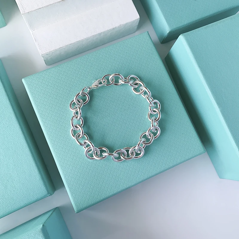 

TF S925 Sterling Silver Thick Chain Bracelet Ladies Silver Bracelet Couple Bracelet Luxury Original Logo Jewelry Wedding Gifts