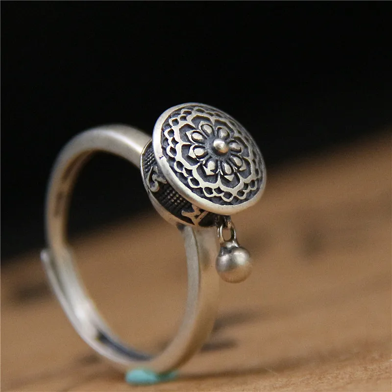 

Retro Silver Plated Men Women's Six-word Mantra Open Ring Prayer Wheel Design Lotus Ring Wedding Ring Fashion Jewelry Party Gift