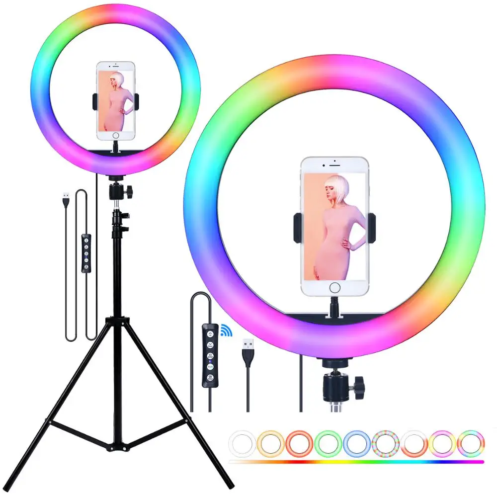 

fosoto RGB LED Selfie Ring Light with Tripod USB Light Ring Lamp Dimmable Phone Ringlight With Stand For Youtube Live Makeup