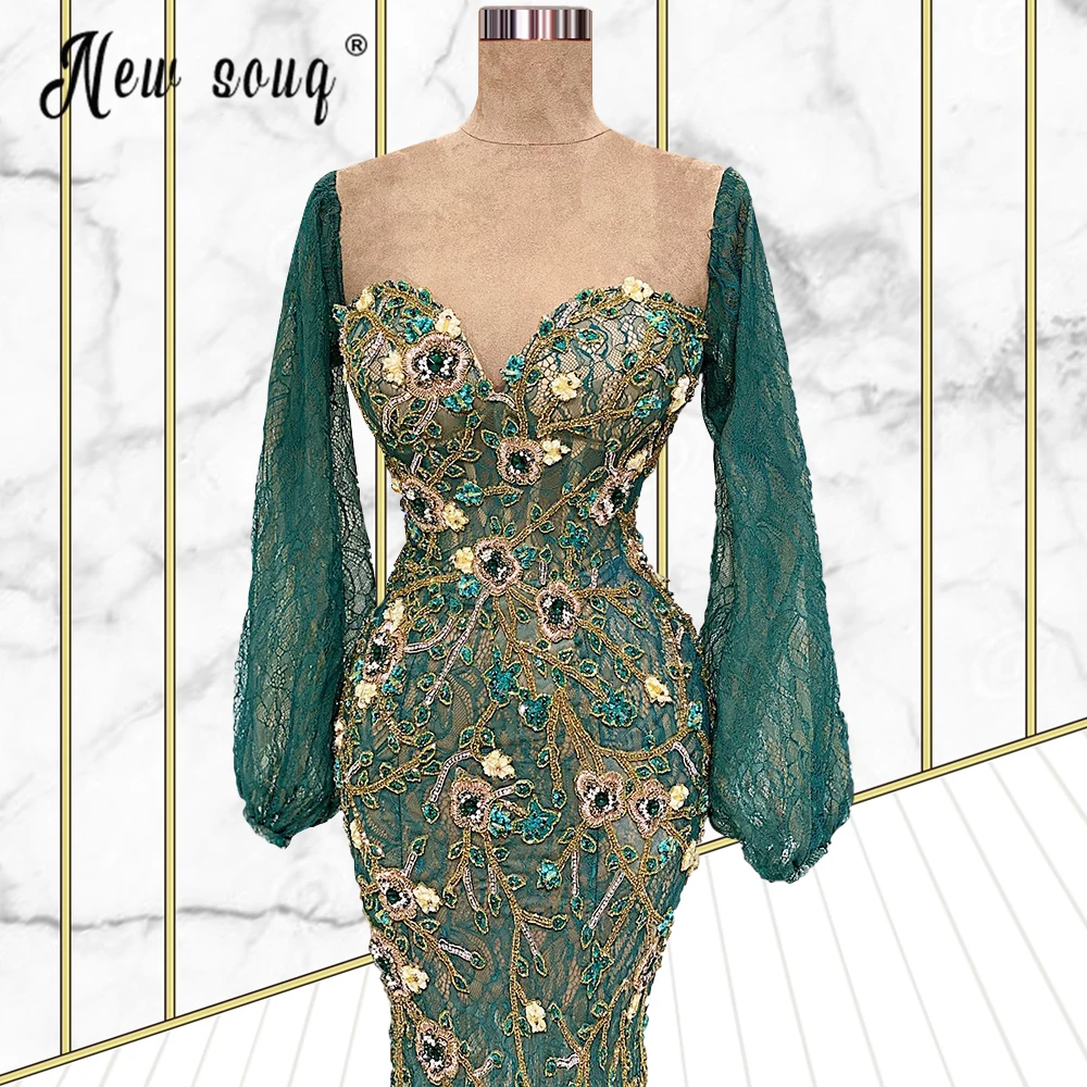 

Dubai Mermaid Emerald Green Evening Dresses for Women Plus Size Long Sleeve Rhinestones Engagement Party Prom Gowns 2022