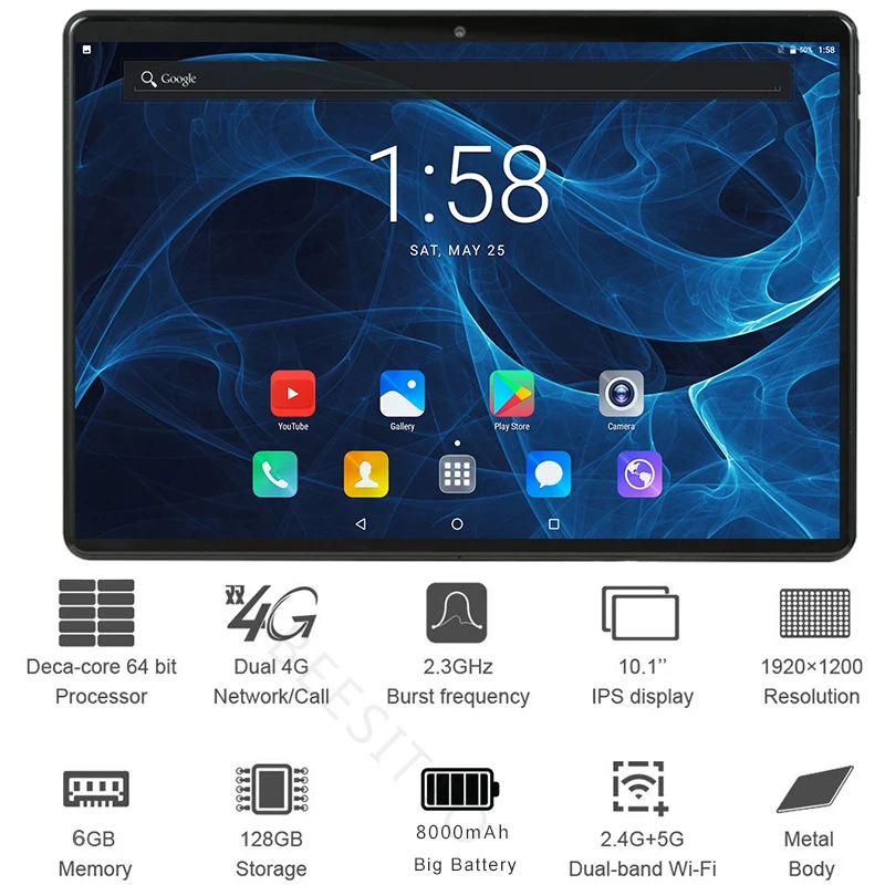 Android 10 дюймов планшетный ПК Deca Core 6 ГБ ОЗУ 128 Гб ПЗУ 1920*1200 ips две sim-карты 4G Планшеты Android 8,1 10 10,1+ подарки