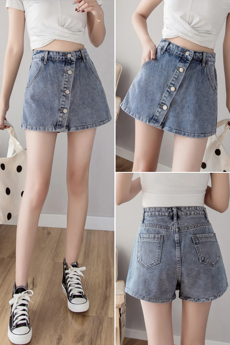 

Women High Waist Single-breasted Denim Shorts Skirts Korean Woman Vintage Jeans Shorts 2 Colors S-2XL 2020 summer