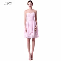 cheap pink ruched sweetheart bridesmaid dresses chiffon knee length open back simple party gowns beach summer wedding fashion