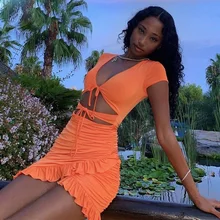 Lace Up V Neck Ruched Bodycon Mini Dress Women 2020 Summer Hollow Out Ruffles Sundress Beachwear Vestidos (3)