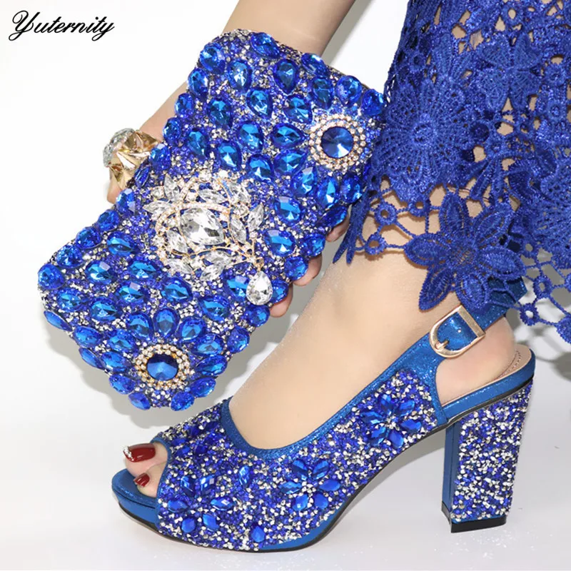 Nigerian Style Rhinestone Woman Shoes And Bags Set Latest Italian High Heels Sandals Purse For Party Dress | Обувь
