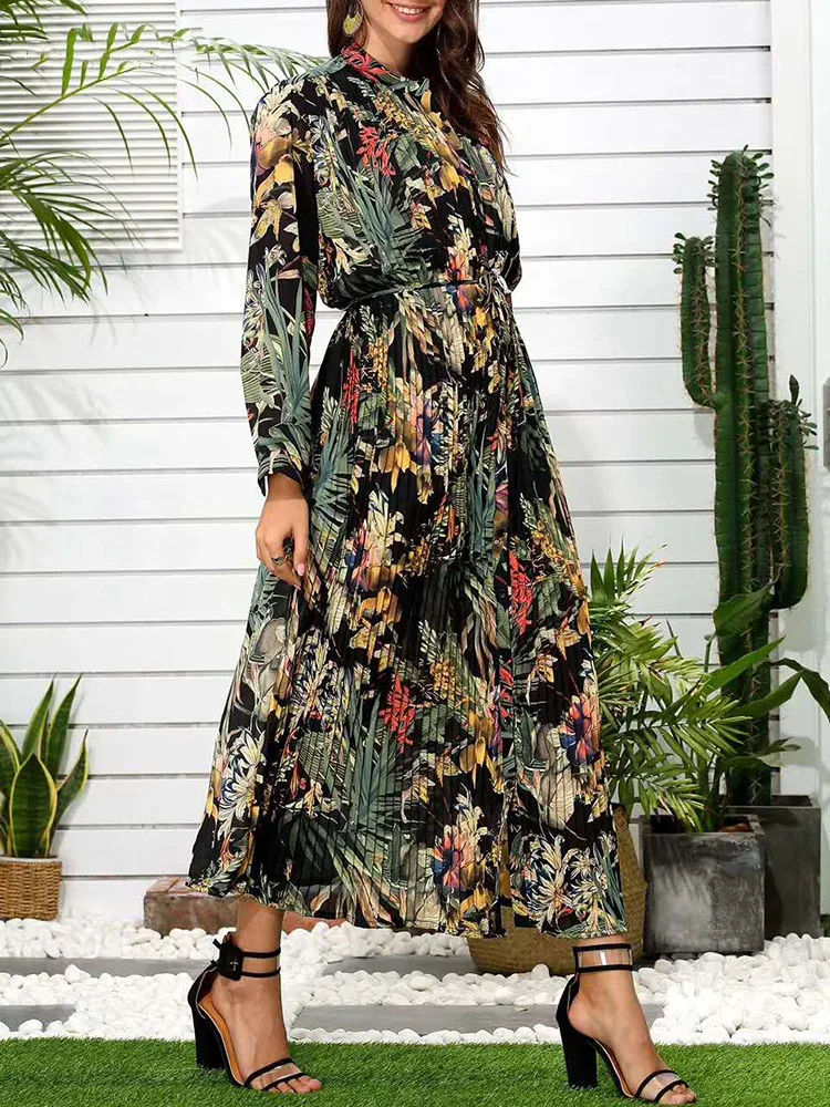 

Casual retro chiffon print single-breasted lace loose pleated dress 2020New ladies autumn long sleeves plus size long dress Bing