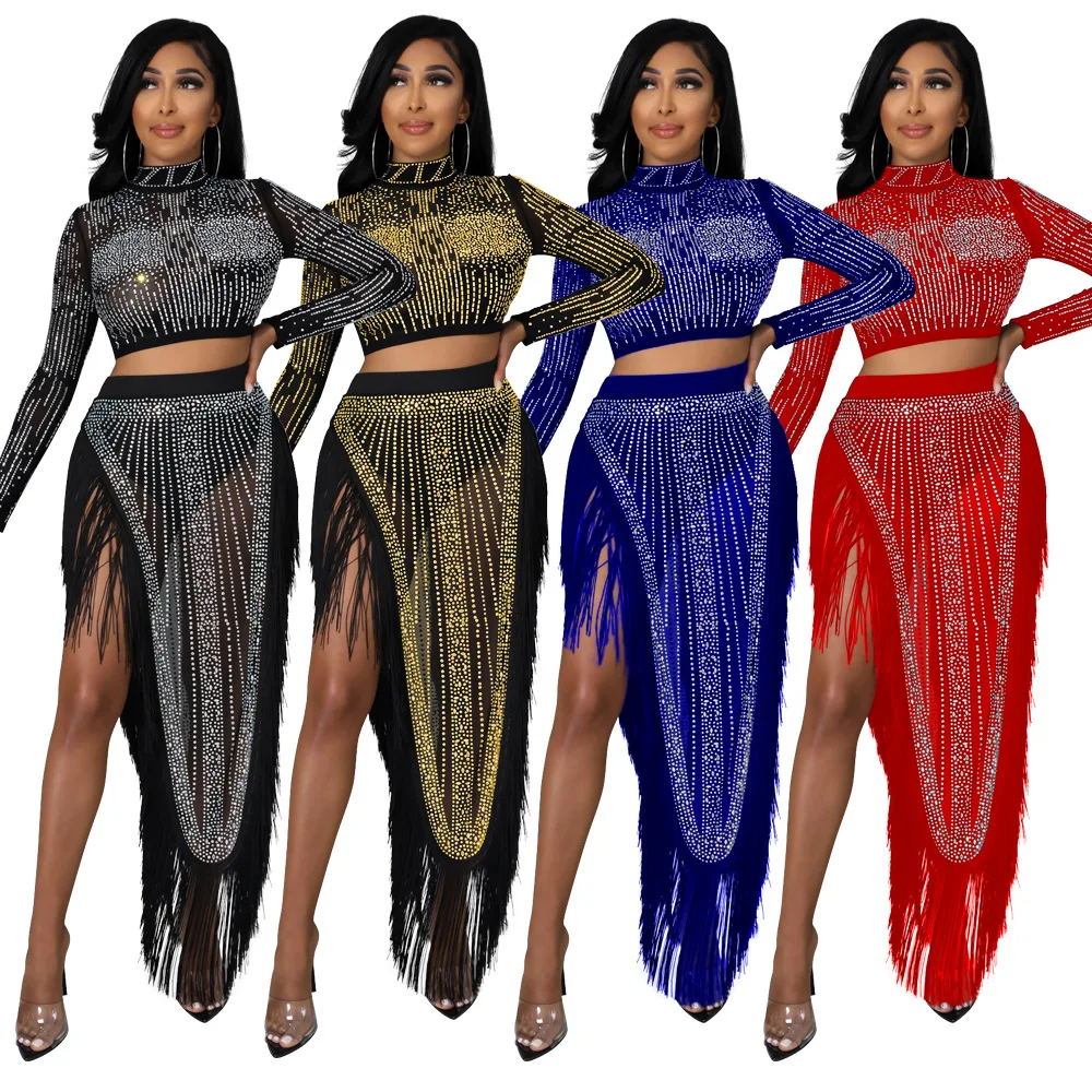 

Fall Hot Rhinestone Spicing Women's Set Crop Tops and Tassel Maxi Skirts Suit Tracksuit Two Piece Set Fitness Outfits