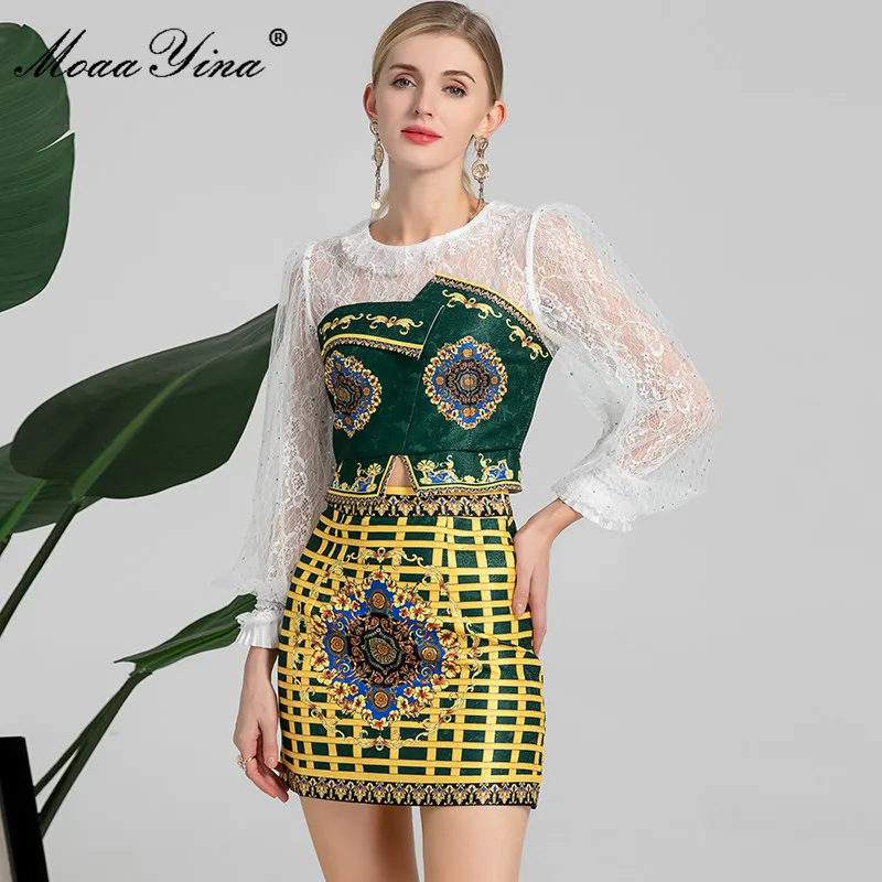 

MoaaYina Fashion Designer Autumn Skirts Set Women's Lace Lantern Sleeve Tops and Print Vintage Short Skirt Two Piece Suit