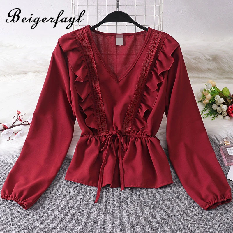 Beigerfayl 2019 новые женские блузки Mujer De Moda осень плотный шифон цвет Lotus вставки
