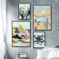 modern warm tones abstract landscape picture nordic canvas painting wall art mountain sunrise forest gobi octopus poster print