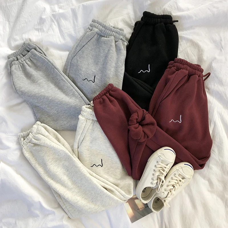 

JMPRS Thick Women Pants Embroidery High Waist Korean Style Sweatpants Winter Black Casual Pocket Warm Harajuku Trousers 2022