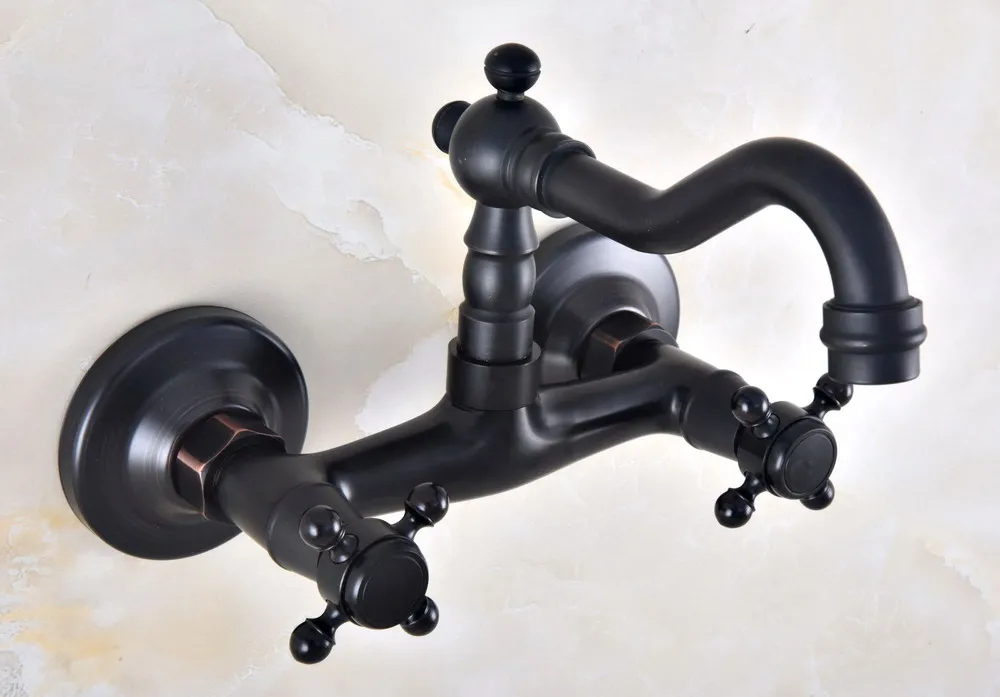 

Black Oil Rubbed Brass Double Hole Cross Handle Kitchen Bathroom Basin Faucet Sink Mixer Hot / Cold Tap Swivel Spout 360' dnf818