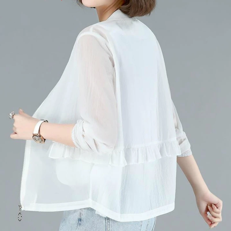 

Jackets Women Trendy All-match Summer Thin Hooded Femme Sun Protection Jacket Solid White Basic Chic Lady Coats Large Size 5XL