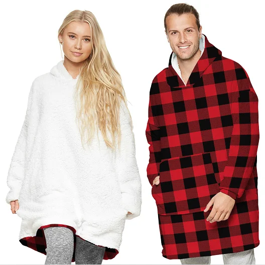 

2020 New Winter Blanket Hoodie Wearable Oversized Plush Blanket Hooded Sweatshirt Cartoon Print Top with Warm Front Pocket