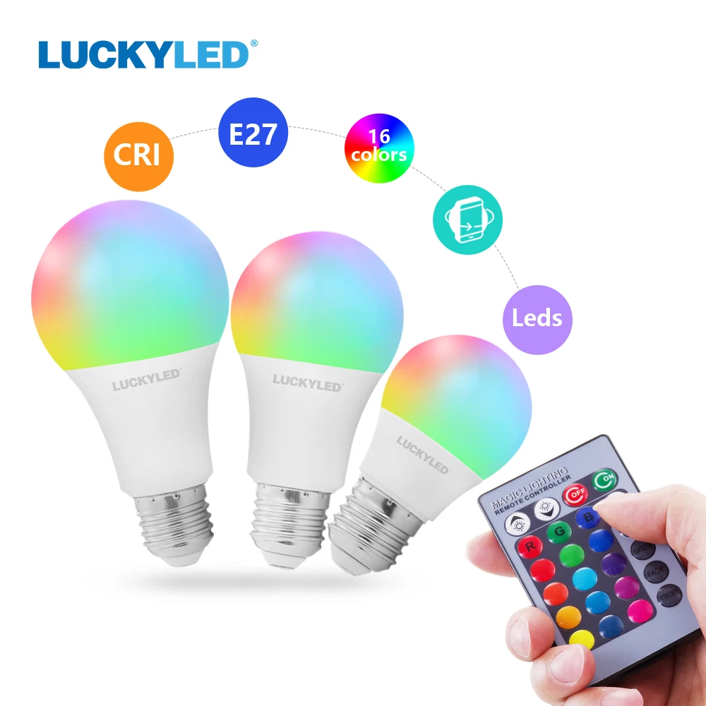 

LUCKYLED RGB Led Bulb 5w 10w 15w Led Lamp E27 Dimmable AC 85-265V RGB Lampada Smart Night Light Bulbs with IR Remote Control