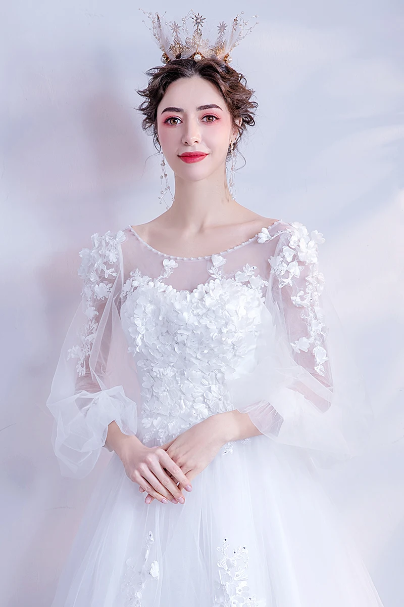 

Wedding Dresses Princess 2020 Three Quarter Sleeves Floral Pearl Sheer Neck A Line Long Lace Applique Bride Gown Walk Beside You