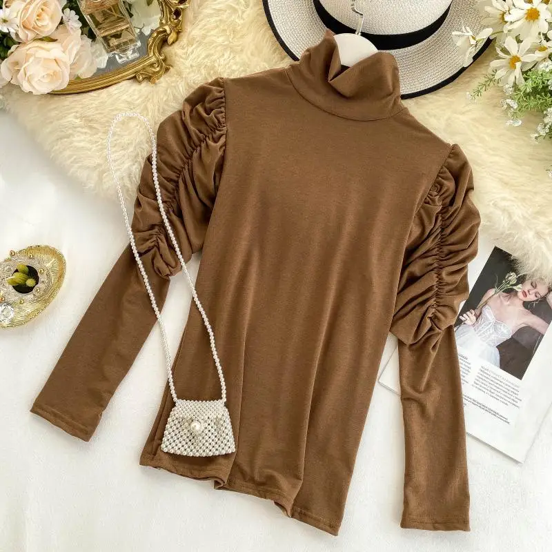 MUMUZI топы дизайн чувство женские пышные рукава блузки Ретро Высокий воротник