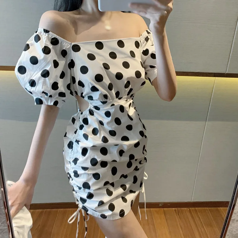 

Fashion Polka Dot Drawstring Dress Sexy Slim Slash Neck Women Knee-Length Dresses Sweet Puff Sleeve Dress