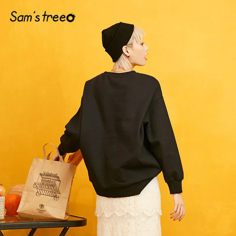 Samstree, Черный Принт авокадо, Корейская винтажная Женская толстовка, осень, для отдыха, большие размеры, толстовки, уличная одежда, женские топы