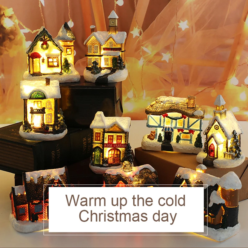 city christmas party led light scene snow village houses decoration chimney cabin ornament home decor for kids christmas gifts free global shipping