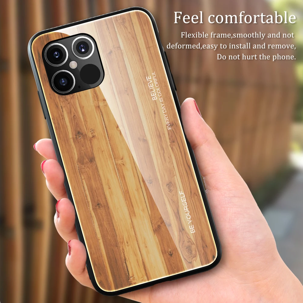 

Wood Grain Glass Case For iPhone 12 11 Pro Max X XR XS Max 7 8 Plus SE2 Scratch-Resistant Anti-Fall Back Cover Protective Case
