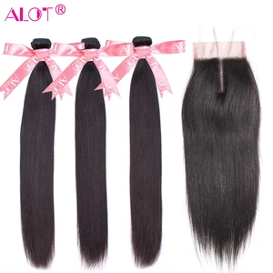 Пряди перуанских прямых волос с застежкой, 100% натуральные волосы, 3 пучка с кружевной частью, 4 шт.лот