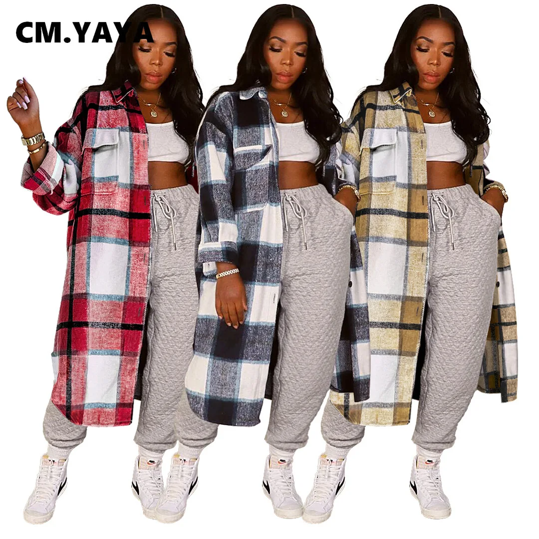 

Женская клетчатая рубашка CM.YAYA, Повседневная рубашка на пуговицах с отложным воротником и длинным рукавом, элегантная уличная одежда, длинн...