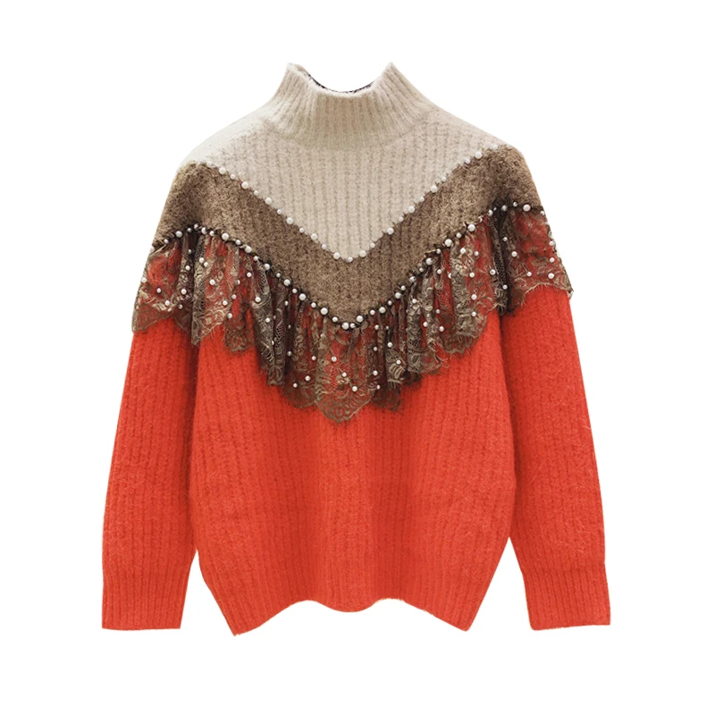 Mixed Color Autumn Winter Women Sweaters And Pullovers Bead Long Sleeve Knitted Sweater Pullover Female Mesh Patch Loose Jumpers | Женская
