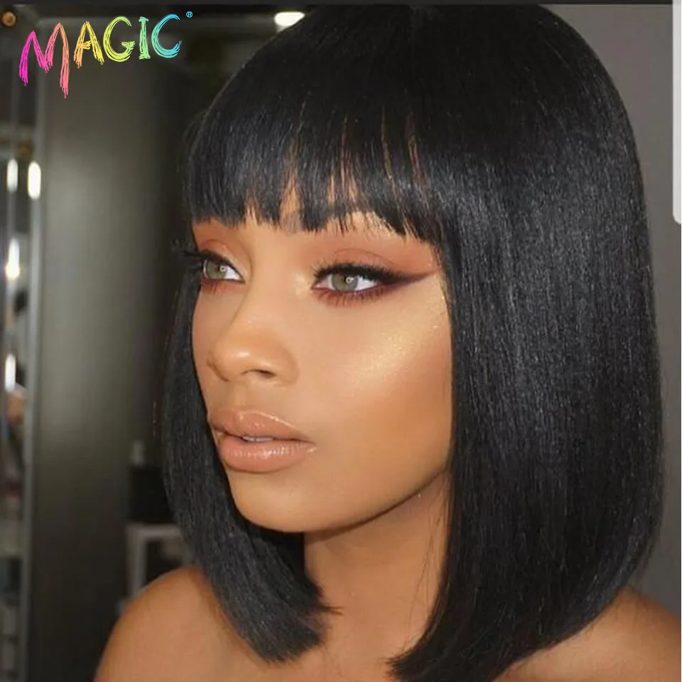 

Magic Synthetic Bob Wigs 12inches Short Bob Wig With Bangs for Women Black Pink Purple Wig for Party Daily Use Shoulder Length