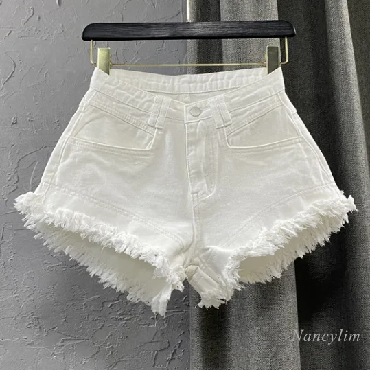 White Denim Shorts Women New High-Waist Ripped Fringed Burr Hot Pants 2021 Summer Loose Wide-Leg Korean Style Short Femme
